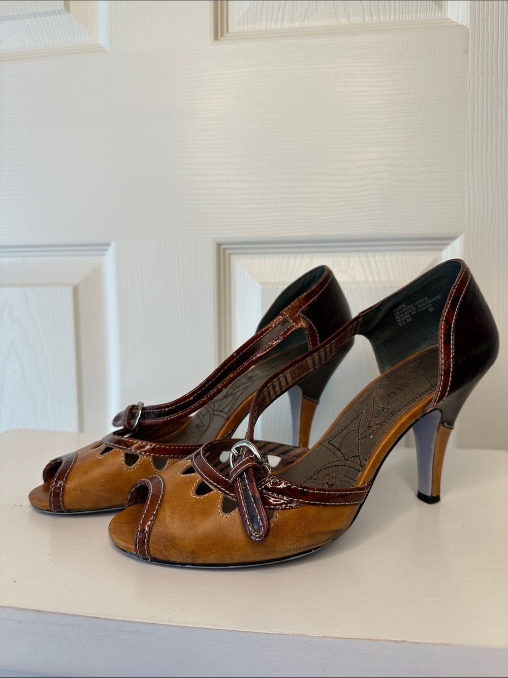 Two-Tone Tan and Dark Brown Peep-Toe Heels with Buckle Accent